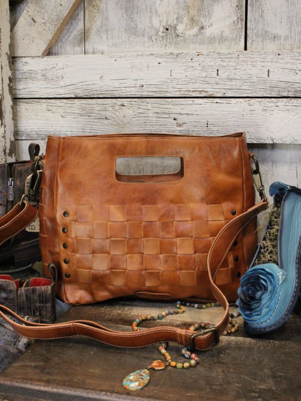 BED STU ORCHID Woven Crossbody Bag*COGNAC Brown  14x12